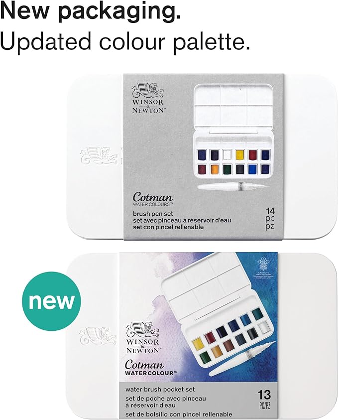 Winsor & Newton Cotman Watercolor Paint Set, 12 Half Pan w/ Water Brush Pen and Mixing Palette
