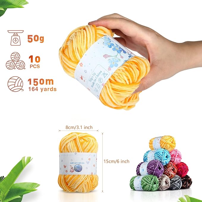 Yinsun 10x50g Multi Color Acrylic Yarn 50g 1750 Yards Crochet Yarn Starter kit with Storage Bag for Knitting Crocheting Weaving Adult and Kid Craft Projects