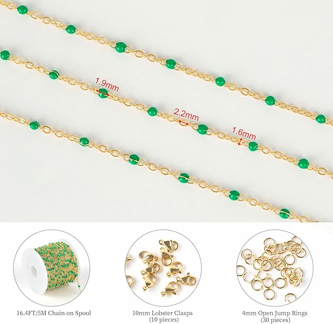 KYUNHOO 16.4 Feet Gold Plated Jewelry Chain Roll Stainless Steel Cable Chain Links Green Bead Rosary Chains with Jewelry Findings for Necklace Bracelet Making