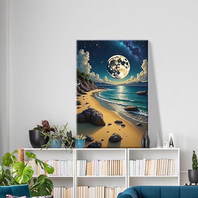 ATDMS Paint by Numbers Kit for Adults with Frame Moon Paint by Number with Easel Beach Adult Paint by Number Kits Framed Canvas DIY Moonlight Acrylic Oil Painting Kits for Home Wall Decor 8x12 Inch