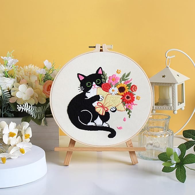 Nuberlic Black Cat Flowers Embroidery Kits for Beginners, DIY Cross Stitch Starter Craft Kits for Adults Including Cloth with Pattern, Hoop, Needles Instruction and Threads