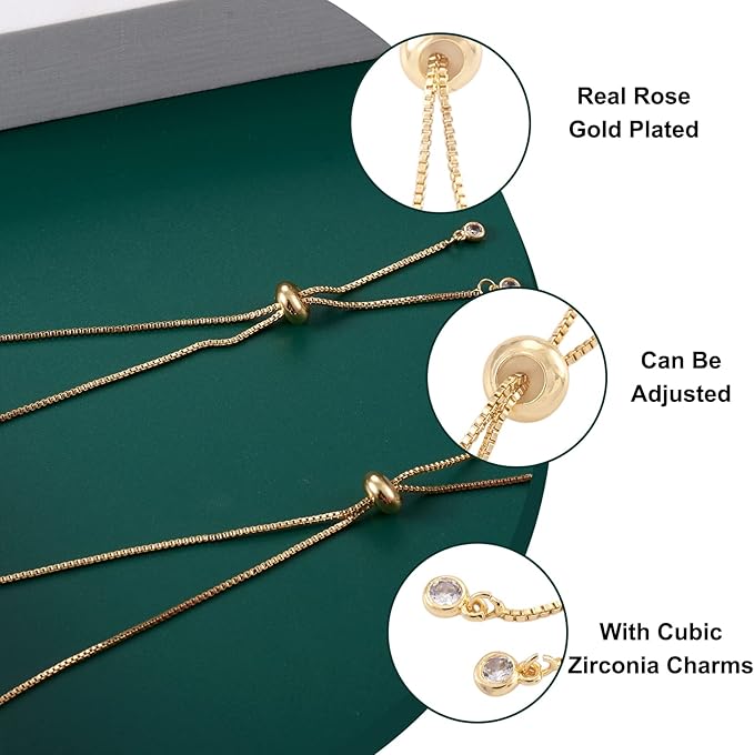 FASHEWELRY 5Pcs Brass Adjustable Slider Bracelet 9.4" Slider Extender Chains with Cubic Zirconia Ends for Bracelet Jewelry Making (Golden)