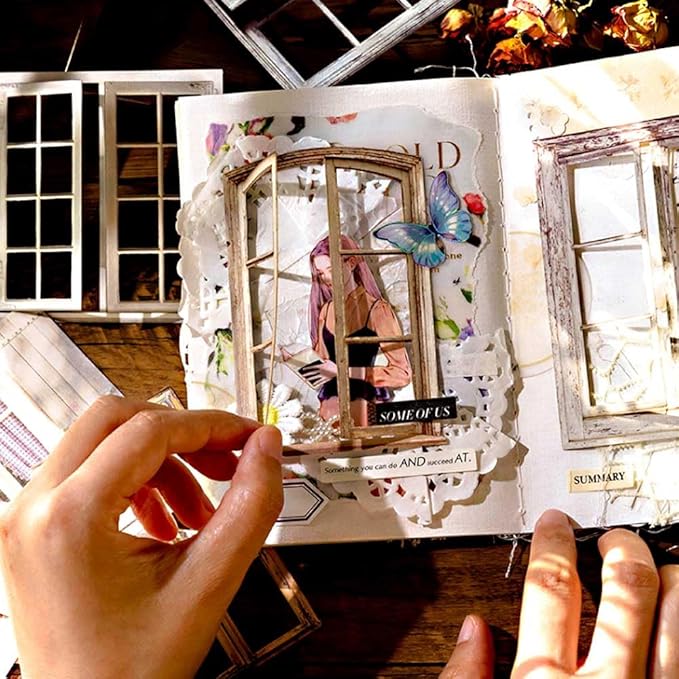 60pcs Textured Cardstock Hollowed Window Frame Stickers for Junk Journals Vintage Cutouts Scrapbook Stickers for Scrapbooking Supplies Clearance Pre-cuts for Journaling Collage Kit Pop-up