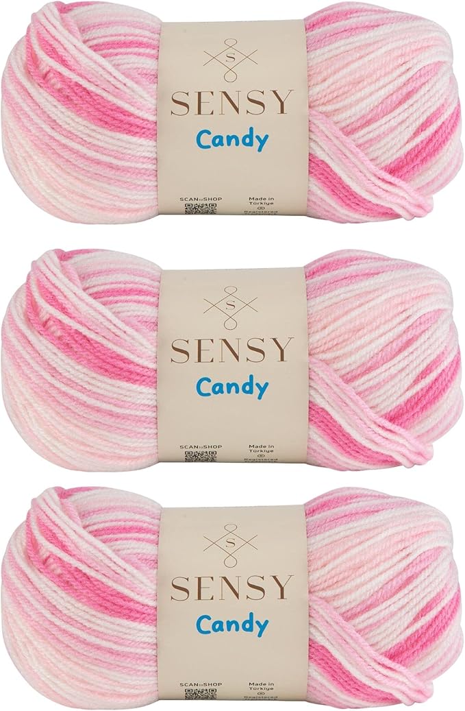 Sensy Candy Yarn - 3 Skeins, 3.5 oz, 251 Yards, Multicolor for Crocheting and Knitting, Light Gauge 3