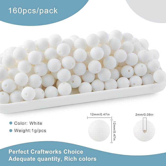 160Pcs 12mm Silicone Beads for Keychain Making Bracelet Necklace, Bulk Round Silicone Beads for Pens（White）