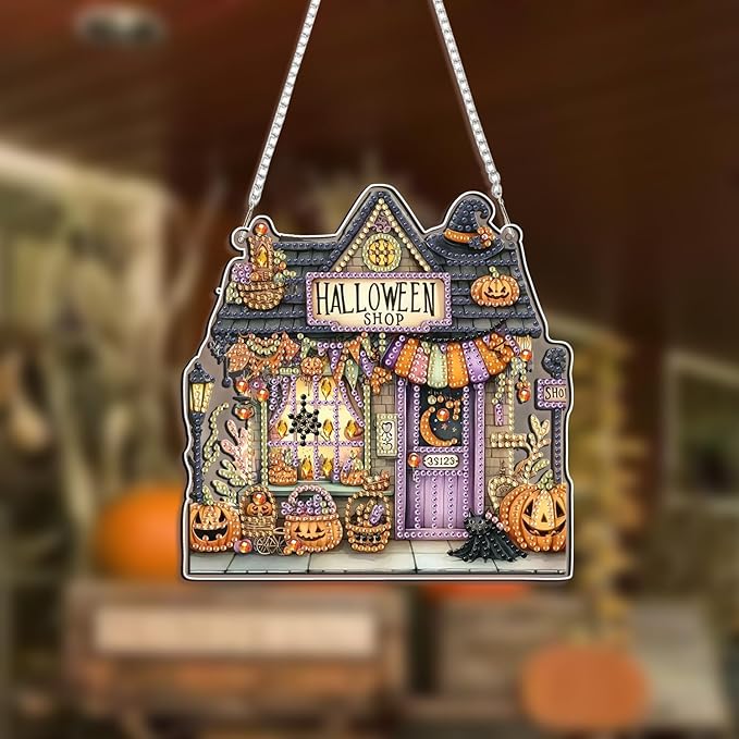 EIBEILI Diamond Art Painting Pendant Kits 5D Diamond Art Painting Art Hanging Kit Halloween Shop DIY Diamond Crystal Window Pendant Kit for Adults Gift Wall Home Decoration