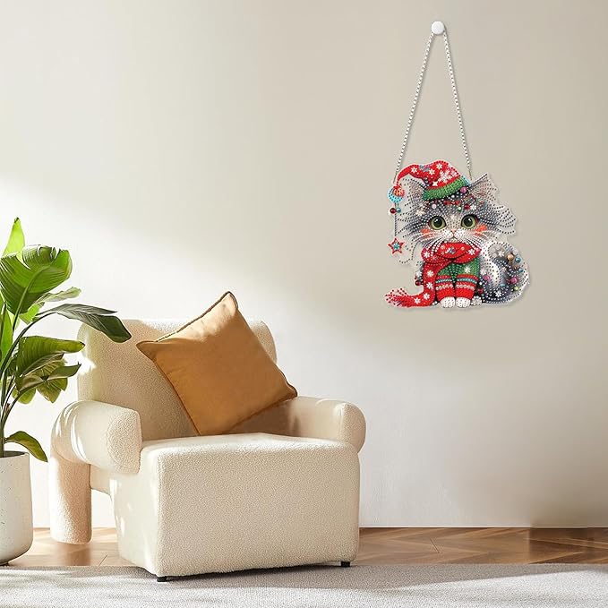 MOGTAA Christmas Diamond Art Hanging Kits for Adults Kids, Christmas Cat Diamond Art Suncatchers, 5D Special Shape Diamond Animal Painting Window Pendant Kit for Home Garden Wall Decor