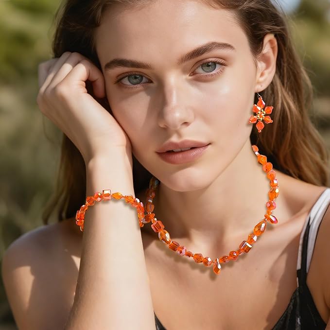 1500 Pcs Crystal Glass Beads for Jewelry Making – 12 Styles Bicone, Rondelle, Cube, Teardrop & 3mm Spacer Beads, DIY Bracelet Necklace Earring Craft Kit Random Colors(Orange)