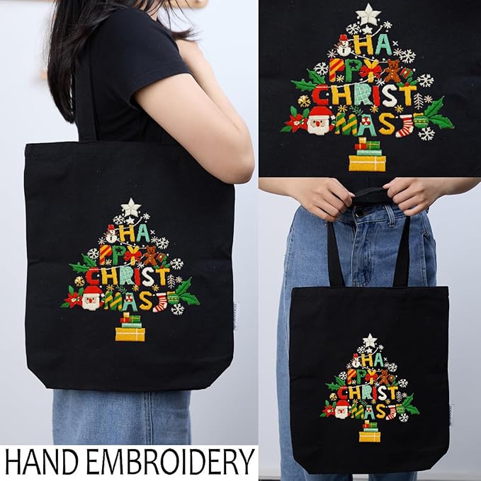 CREAWONDER Canvas Tote Bag Embroidery Kit with Pattern for Beginners, Arts and DIY Embroidery Crafts Kits for Adults, Include Instructions, Thimble, Embroidery Hoops, Color Threads and Tool