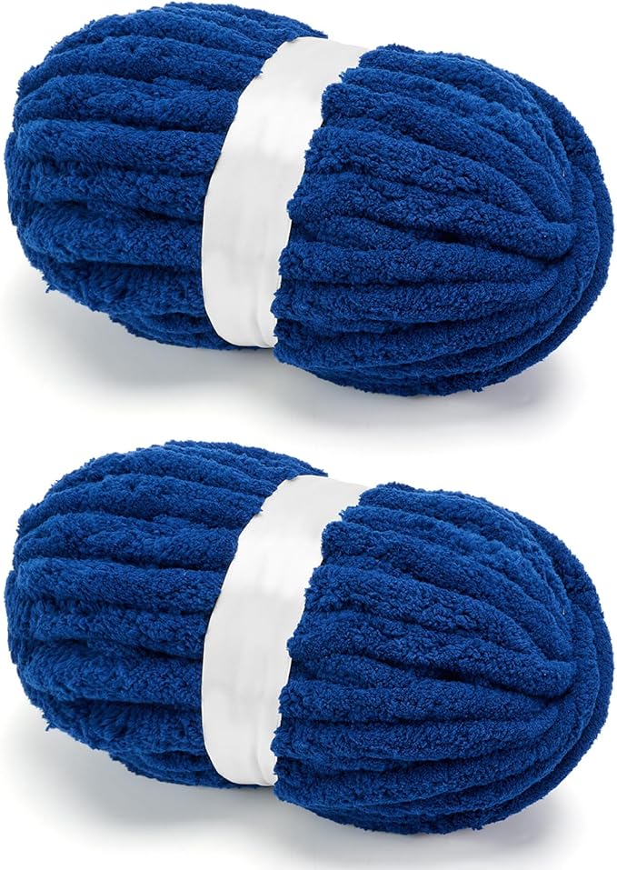 Chunky Chenille Yarn for Crocheting/Arm Knitting, Super Soft Jumbo Knit Blanket Yarn Navy 2 Pack (32 yds, 8.5 oz Each Pack)