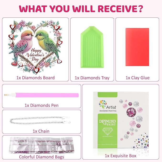 MEIYUDA Valentine's Day Diamond Art Hanging Kits for Adult, A Pair of Birds Diamond Painting Hanging Kits Ornaments, DIY Special Shaped Rhinestone Window Pendants kit for Home Garden Wall Decor Gift