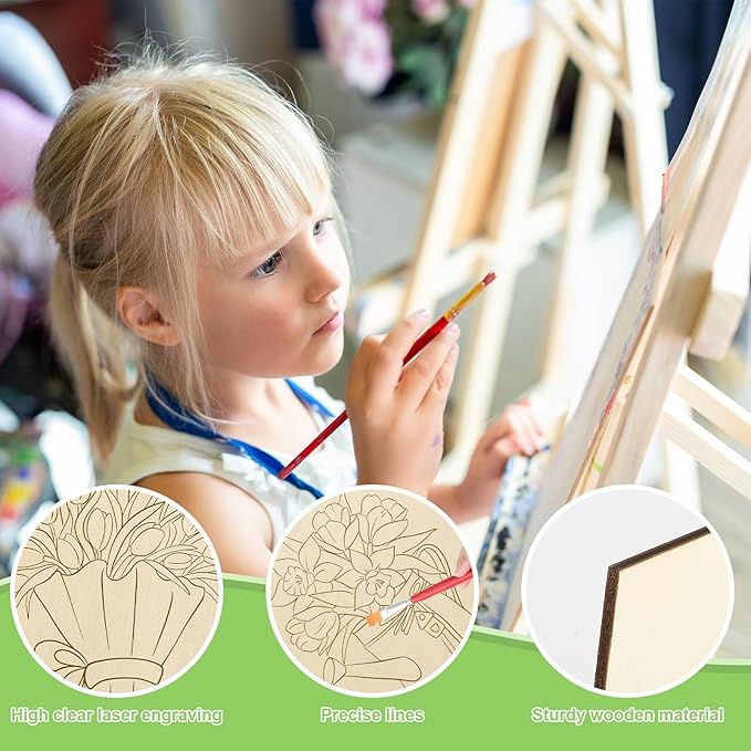 COCHIE 10 Pieces Large Spring Unfinished Wood Crafts to Paint for Adults, Bulk Predrilled Wooden Ornaments for Painting, Tulips Flowers Paintable Wood Slices Craft Supplies with Ropes
