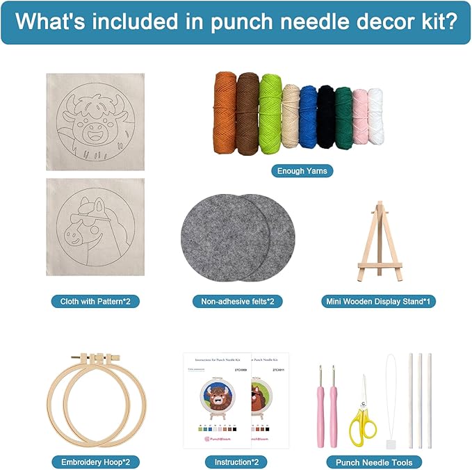 Punch Needle Kit for Adult Beginner, 2-Pack Horse & Highland Cow Punch Embroidery Starter Set with Instructions – Yarn Needle Punch Craft for Xmas Gift Idea & Home Wall Decor