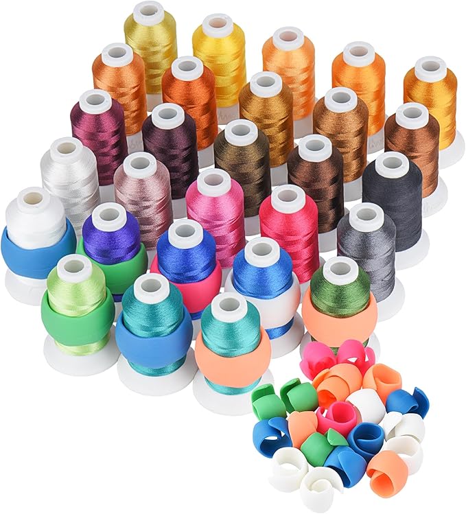 28 Assorted Colors Embroidery Machine Thread with 28 Thread Holder, 500M (550Y) Each Bobbin Polyester Embroidery Threads Kit and Spool Huggers for Sewing & Embroidery Machine- Janome Series 3