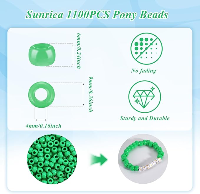 sunrica 1100pcs green pony beads 6x9mm large hole plastic beads for kandi, hair braids, necklaces, friendship bracelets
