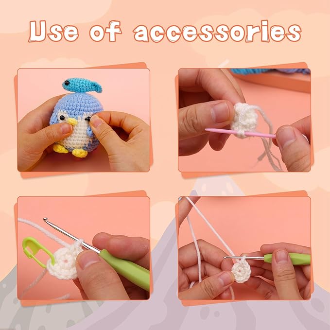 IMZAY Crochet Kit for Beginners, Beginner Animal Crochet Kit, Cute Crochet Starter Kit with Video Tutorial, Crochet Hooks, Colored Yarns, Stitch Marker Complete Crochet Set to Make Blue Penguin