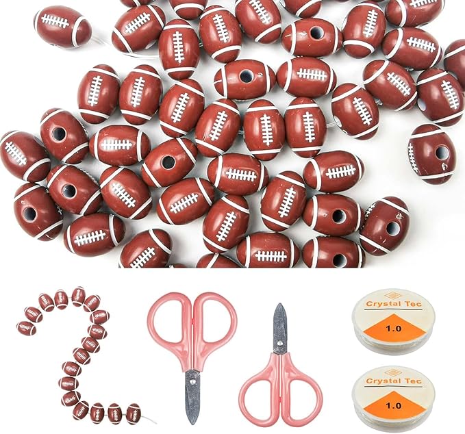 150Pcs Sport Beads American Football Beads for Jewelry Making Sports Craft Beads with 2 Elastic Crystal Line Cord,2 Scissors for Jewelry Making Necklace Bracelet Craft Decoration Accessories