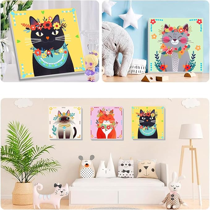 4 Pack Cat Paint by Number for Kids with Wooden Frame, Paint by Numbers for Kids Cats Ages 4-8-12, Easy Cat DIY Acrylic Oil Painting Kits for Home Wall Decor (8X8 inch)