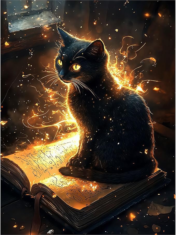 GEEHEIY Black Cat Diamond Art Kits for Adults, 5D Black Cat Diamond Painting Kits for Beginner, DIY Gem Art Dots for Adults, Perfect for Home Wall Decor 12x16 Inch
