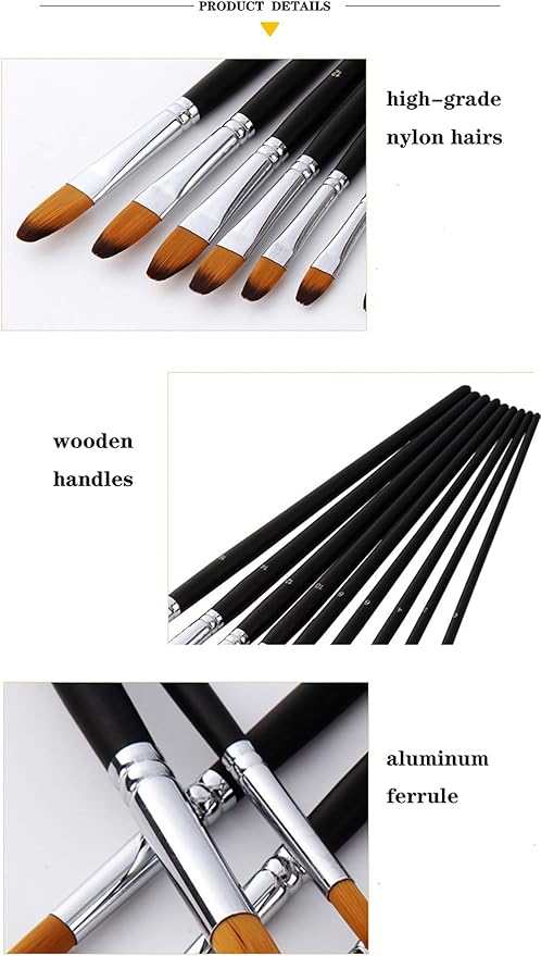 Artist Paint Brushes Set,9 Pcs Professional Filbert Brushes for Acrylic Oil Watercolor Gouache Painting Kits with Long Handle Nylon Hair Black