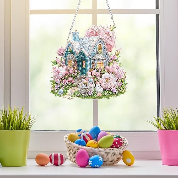 NAIMOER Easter House Diamond Art Hanging Kits for Adults, 5D Special Shaped Rhinestone, DIY Acrylic Spring Diamond Art Painting Window Pendants Home Garden Wall Hanging Ornament Kits, Double Sided
