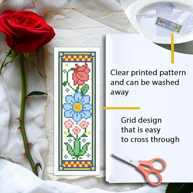 ORIGACH 6 Set Medieval Garden Flower Cross Stitch Bookmark Kit for Beginner with Backing Felt Floss Instructions DIY Stamped Embroidery Bookmark Kit for Adults, Book Lovers