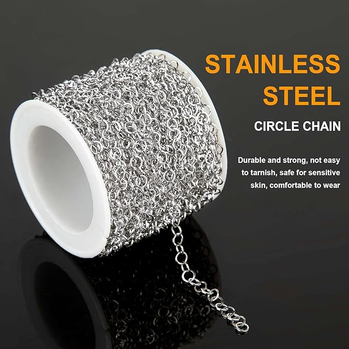 KYUNHOO 33 Feet Silver 304 Stainless Steel Chain for Jewelry Making 4MM Round Circle Link Chain Roll Soldered Jewelry Supplies Chain with Jump Rings and Lobster Clasps for Necklace Bracelet DIY