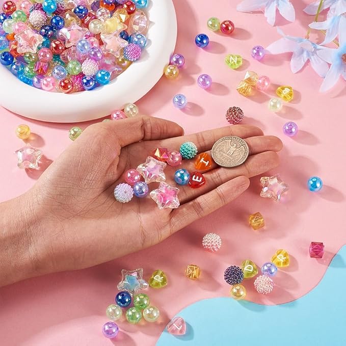 FASHEWELRY 380Pcs Candy Color Acrylic Beads Assorted Cute Star Cube Heart Letter Beads for Bracelets Bubblegum Pastel Pony Pop Bead Bulk for Necklace Key Chains Pens Jewelry Making