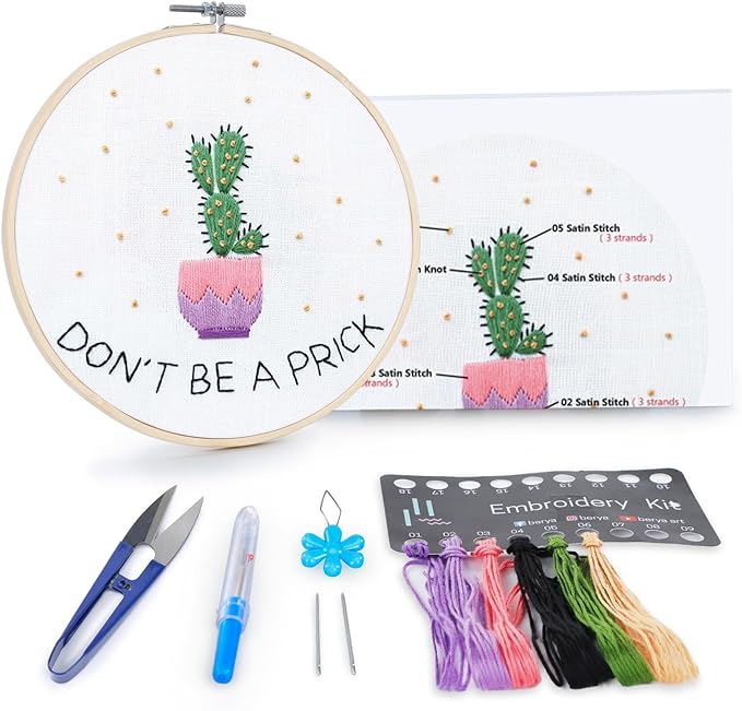 BERYA Cactus Embroidery Kit Including Video Step by Step Instructions Embroidery Hoop,Color Threads and Embroidery Scissors for Beginners-Handmade Needlepoint Kits for Adults
