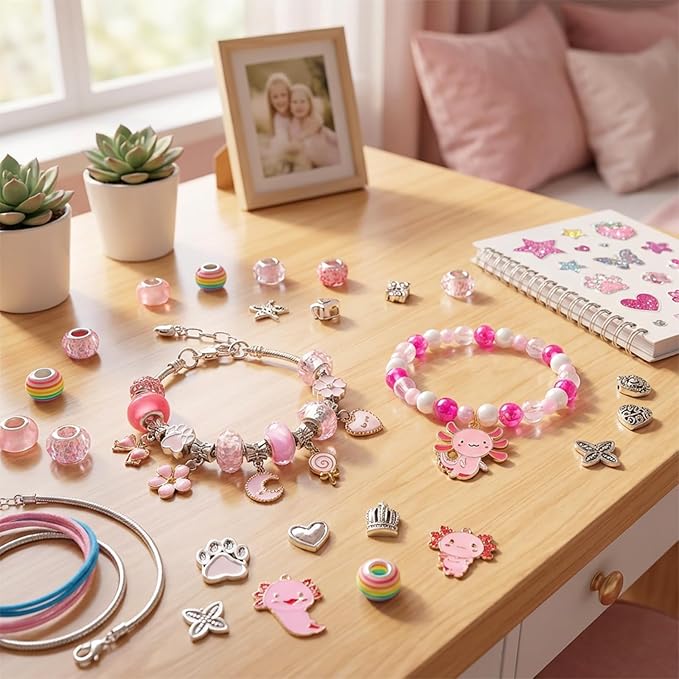 Rinziigo Axolotl Kawaii Charm Bracelet Making Kit, Cartoon Jewelry Making Supplies Beads, Cute Crafts Gifts Set for Woman
