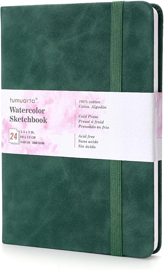 tumuarta Watercolor - Sketchbook, 7.5x5 in, 140 LB, 300GSM, 100% Cotton, Acid Free, Cold Press, 24 Sheets,48 Pages, Watercolor Paper Journal for Use As Travel Notebook and Mixed Media Pad On The Go