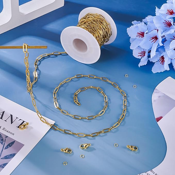 Pandahall 16.4 Ft 18K Gold Plated Paperclip Chains Stainless Steel Chains 9.7x4.2x1mm Gold Link Chains Kits with Lobster Clasps Jump Rings for DIY Bracelet Necklace Jewelry Making