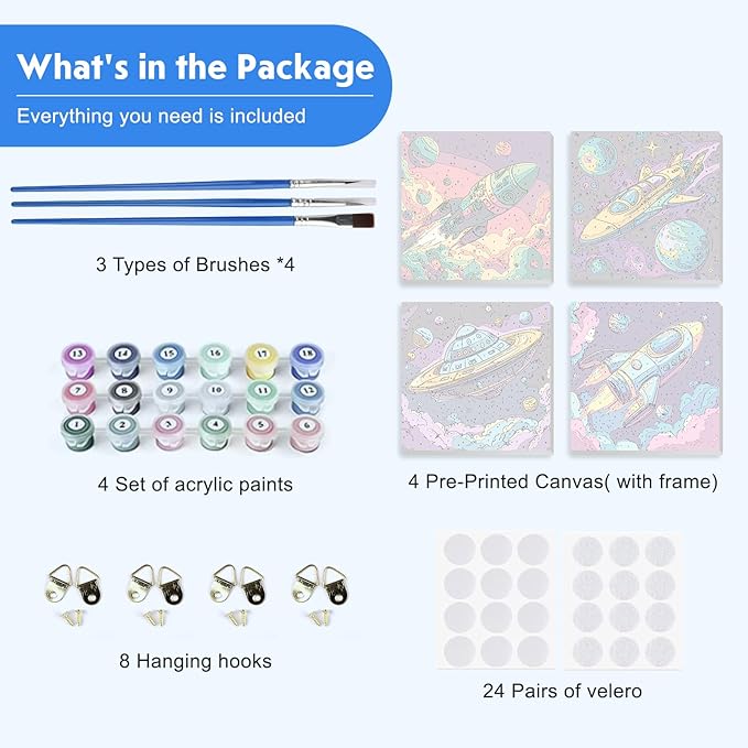 4 Pack Paint by Numbers for Kids with Wooden Framed, Space Rocket, Spaceship, Paint by Number Kits on Canvas for Beginner, Acrylic Oil Painting Kits for Home Decor 8x8 inch, Colorful Planets and Stars