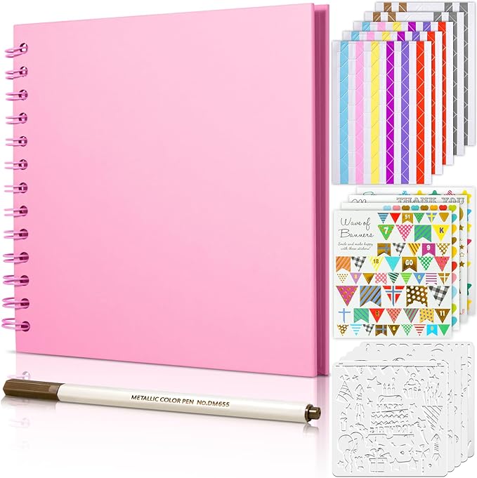 GOTIDEAL 8 x 8Inch Scrapbook Album,40 Pages Kraft Paper Photo Albums for Wedding&Anniversary,Family DIY Scrap Book Kits with Metallic Markers&Scrapbooking Stickers Corners(Pink)