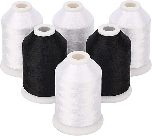 Simthread 4 White 2 Black 40WT Embroidery Machine Thread - All Purpose Trilobal Polyester Thread Aides Well in Sewing, Piecing, Applique, Quilting, Free Hand Quilting etc