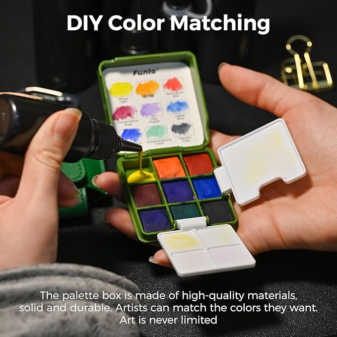 Funto Mini Watercolor Travel Set, Christmas Green Gift Travel Artist Outdoor Sketch Kits with 2 Foldable Palettes, Portable Leather Case and Metal Clip, Kit for Art Lovers