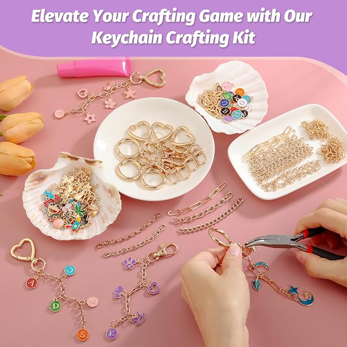 selizo 404Pcs Charms Lip Gloss Keychain Making Kit, DIY Craft Supplies with Charms, Key Chain Hooks, Jump Rings, Lobster Clasps, Chains, Jewelry Making Kit for Custom Keychains, Bags, Valentines Gifts