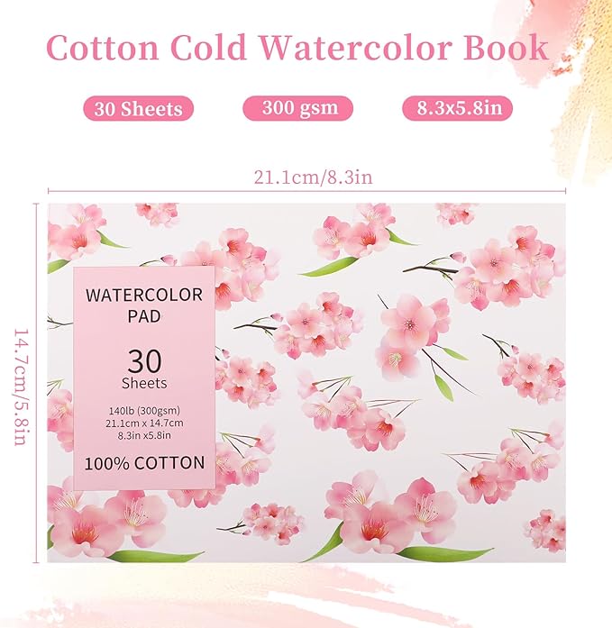 30 Sheets A5 Watercolor Paper Pad(8.3 x 5.8), 140 LB/300 GSM, 100% Cotton Cold Pressed Watercolor Paper for Watercolor Drawing, Mixed Media, Art Journaling, Gouache Ink