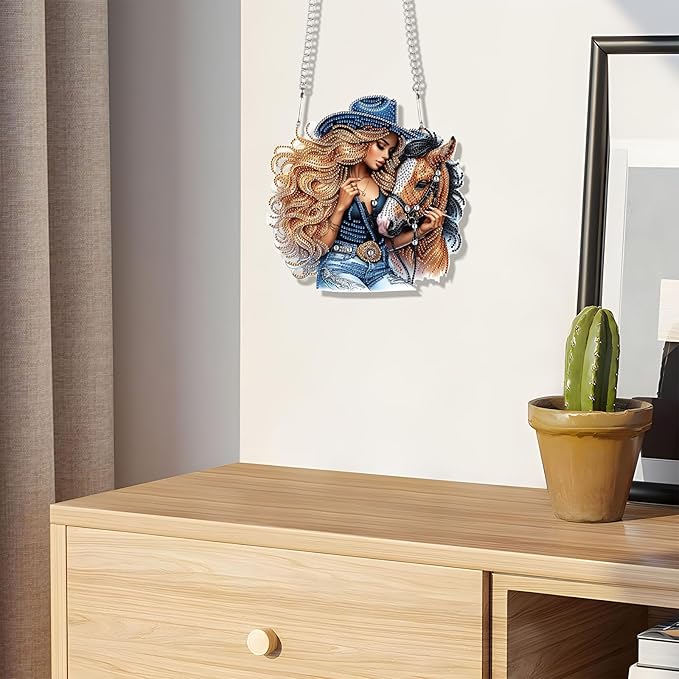 JZHYOAN Diamond Painting Arts Hanging Kit DIY Woman and Horse Acrylic Pendant Ornaments Craft Kits Crystal Art Pendant Wind Chimes with Diamonds Diamond Art Window Pendants Craft for Adult