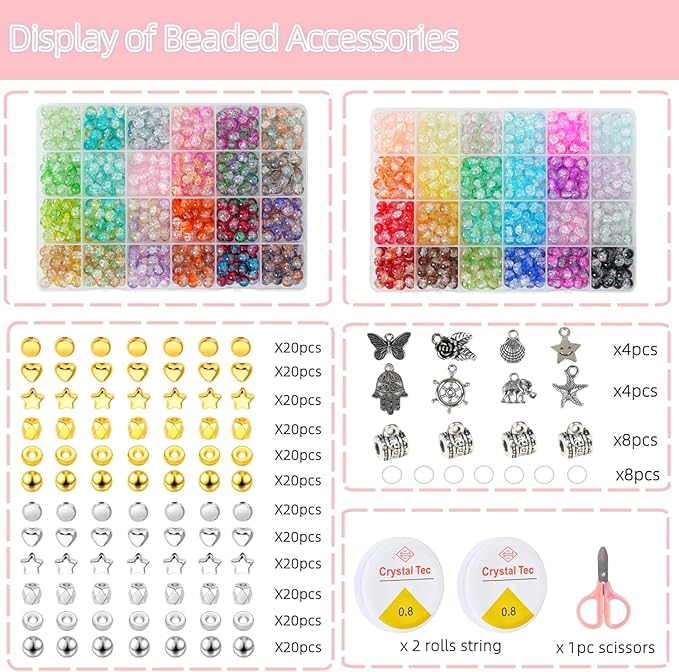 1300PCS 8mm Mixed Crackle Glass Beads for Bracelets Making with Accessories, 48 Colors Crystal Glass Beads Jewelry Making Kit, Round Beads for DIY Bracelet Crafts