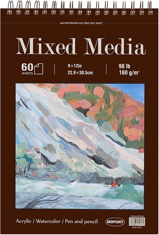 mixed media sketchbook 9" x 12" - multimedia sketchbook hardcover, spiral bound, 60 sheets 98lb/160gsm mixed media paper, watercolor sketch books for artist supplies, painting, drawing & art supplies.