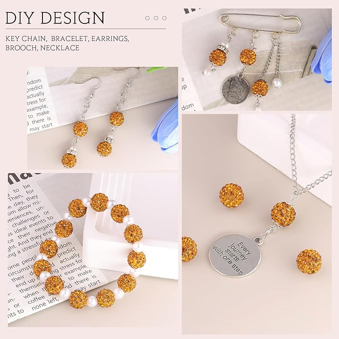 200pcs 10mm Golden Rhinestone Beads for Jewelry Making, Shiny Round Shamballa Disco Ball Beads Bulk, Sparkle Crystal Clay Christmas for Bracelet Baseball Necklace Earring Crafting and DIY