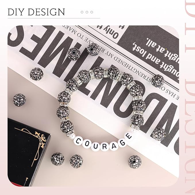 150 pcs 10mm Rhinestone Beads for Jewelry Making, Hematite Shiny Round Shamballa Disco Beads Bulk, Sparkle Crystal Clay Christmas for Bracelet Baseball Necklace Earring Crafting and DIY