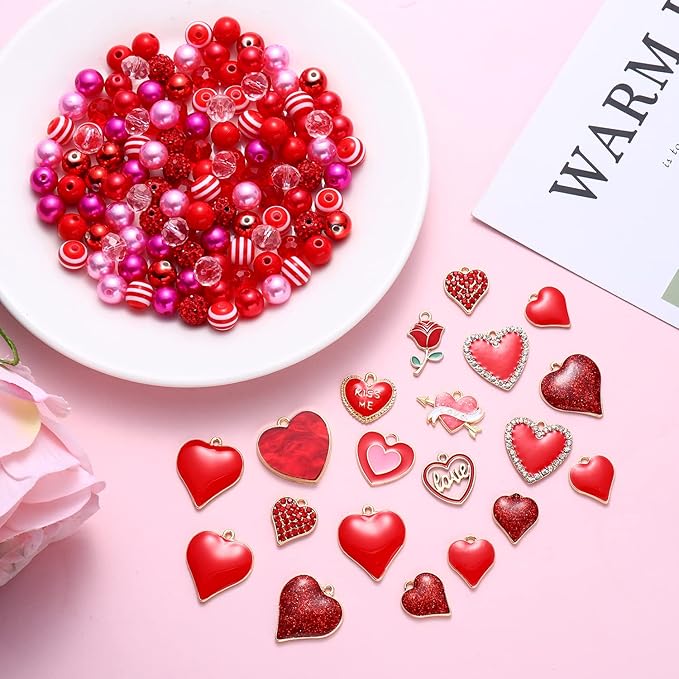 320 Pieces Valentine’s Day Beads Heart Charms for Necklace Bracelet Jewelry Making Red Crystal Pearl CCB Beads Rhinestone Glitter Heart Pendant Charms for DIY Crafts Decorations