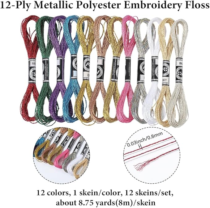 12 Skeins 12 Colors Metallic Embroidery Floss Colorful Glitter Cross Stitch Tassel Thread Polyester Friendship Bracelets Shimmer Crewel String Bulk Set for Hand Sewing Making Knitting Craft