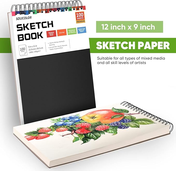 soucolor artist 9x12 sketch book set, 4 pack 100-sheet spiral drawing pads (68lb/100gsm) | acid-free drawing paper for adults art supplies, charcoal, graphite, pastel pencils & sticks
