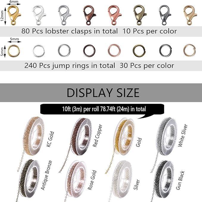 St.Kunkka 78.74 Feet/24M Jewelry Making Chain Kit, Link Cable Chain Roll 2mm with 240Pcs Jump Rings and 80Pcs Lobster Clasps in 8 Colors for DIY Necklace Earring and Bracelet Crafts