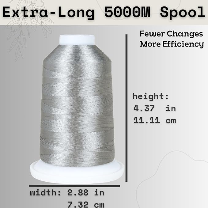 Simthread Trilobal Polyester Thread – 5000M (5500yds) No.40 – Super Sheen, Tangle-Free – Built-in Thread Lock Spool – Compatible with Brother, Singer, Janome & More, Silver-005