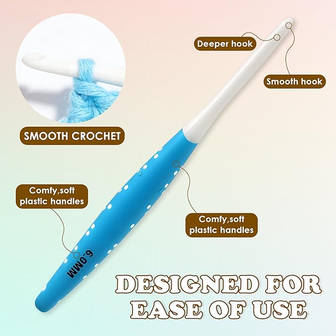 Froggod 6 Sizes Large Crochet Hooks Set, 6mm 7mm 8mm 9mm 10mm 12mm Crochet Hooks for Chunky Yarn, Long Ergonomic Crochet Needles with Rubber Handle