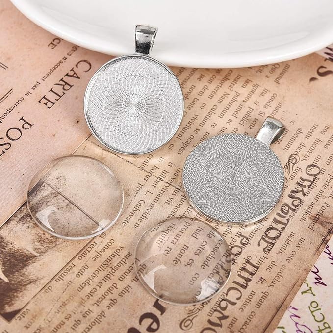 LANBEIDE 40 Pcs Silver Pendant Trays with 40 Pcs Clear Glass Cabochons - 1 Inch/25mm Round Bezels for Resin Craft, Photo Jewelry Making, Total 80 Pcs